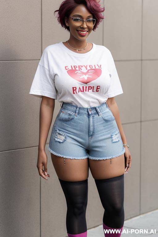 hot sexy tall woman dark skin huge tits pixie hair glasses (denim shorts) (knee stockings) ( big oversized t-shirt over the shorts ) (sneakers) (full body wiew) - #main