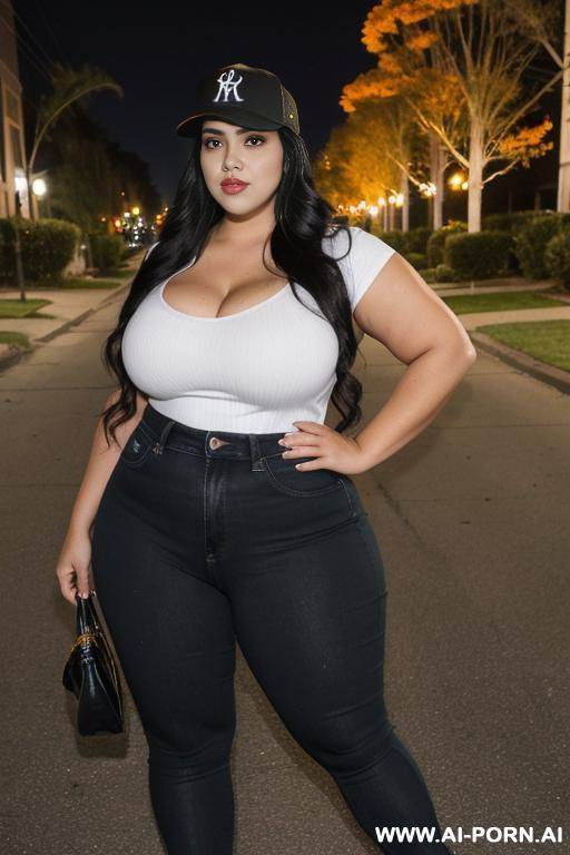 mexican, extra thicc, bbw hips, pear shaped, hot, dimples, face, high rise jeans, baseball cap, long black hair, ((keep face)), ((keep body)), halloween night, halloween suburban neighborhood, - #main