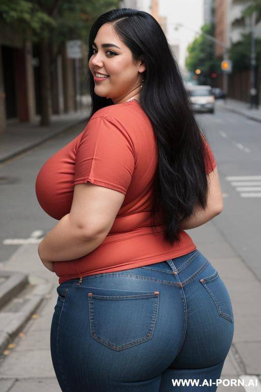 very mexican, rotund bbw, supermodel, extra thicc, super pear shaped, very wide hips, high rise jeans, red tshirt, huge hips, big thighs - #main
