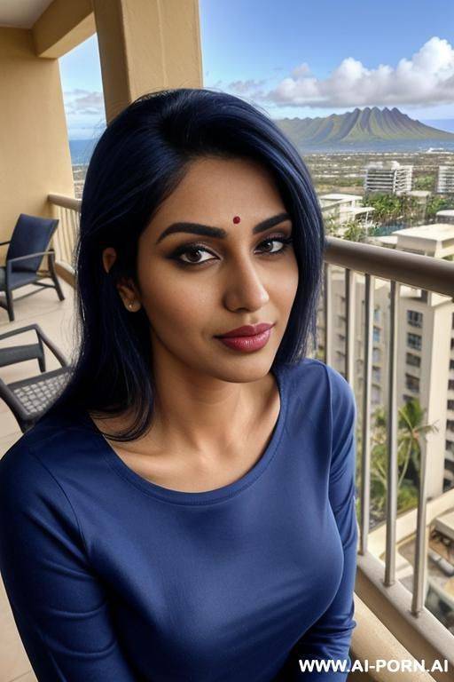 ((blue crew neck shirt)), (gorgeous), beautiful eyes, (big full lips), big nose, (beautiful), (lean) ((photorealistic)) (punjabi), ((ultra detailed photo)), ((hyper realistic photo)), (balcony, hawaii in the background) - #main