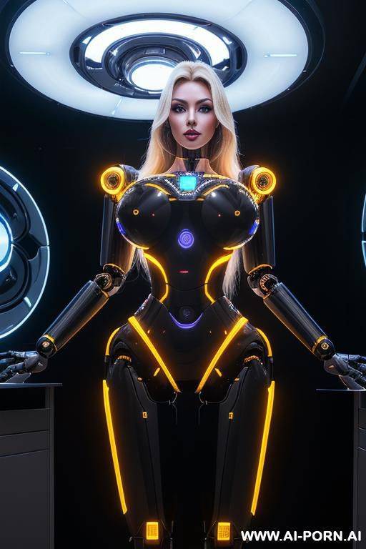 sexbot, front view, full body view, standing, hands on spaceship control desk, looking at viewer, beautiful seductive human face with tanned silicone skin, long straight blonde hair, big lips, wide - #main