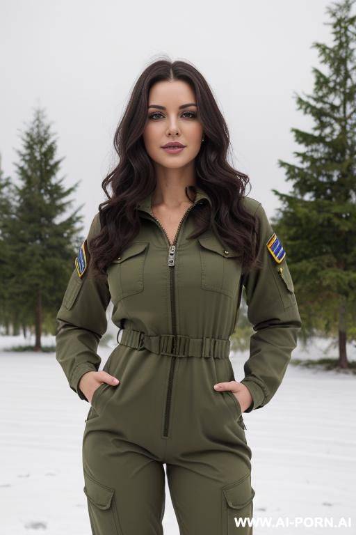 pretty, ukrainian, 30, flowing wavy hair, dark brown hair, white skin, athletic body, natural boobs, slight smile, makeup, eye shw, standing, spreading legs, unzipped, olive green military jumpsuit, snow background. - #main
