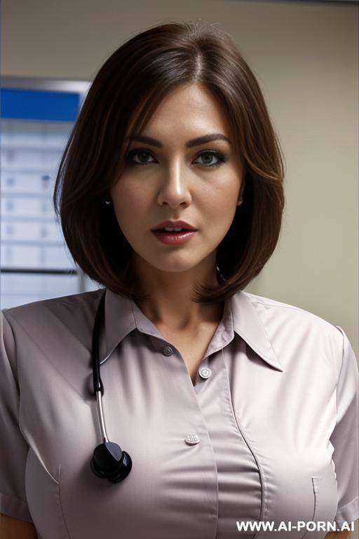 (((office shirt))), g-cup tits, cougar, long hair bobcut, shocked face - #main