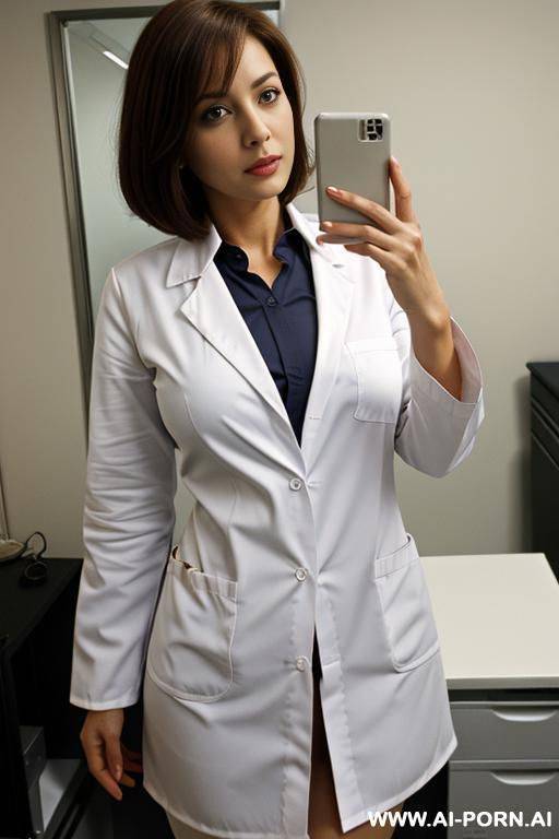 lab coat, (((office shirt))), skirt, g-cup tits, cougar, long hair bobcut - #main