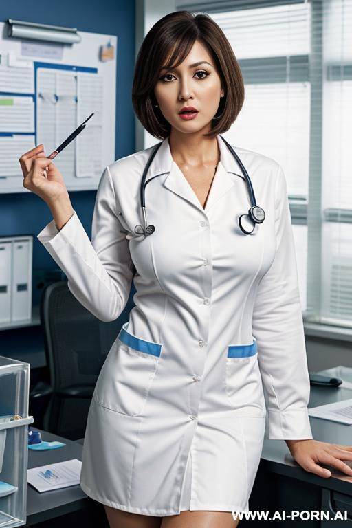 lab coat, (((office shirt))), skirt, g-cup tits, cougar, long hair bobcut, shocked face - #main