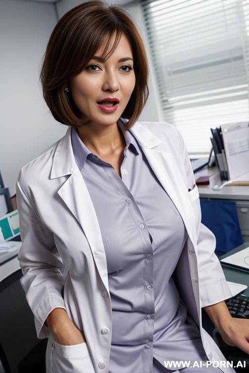 lab coat, (((office shirt))), g-cup tits, cougar, long hair bobcut, shocked happy moaning face - #main