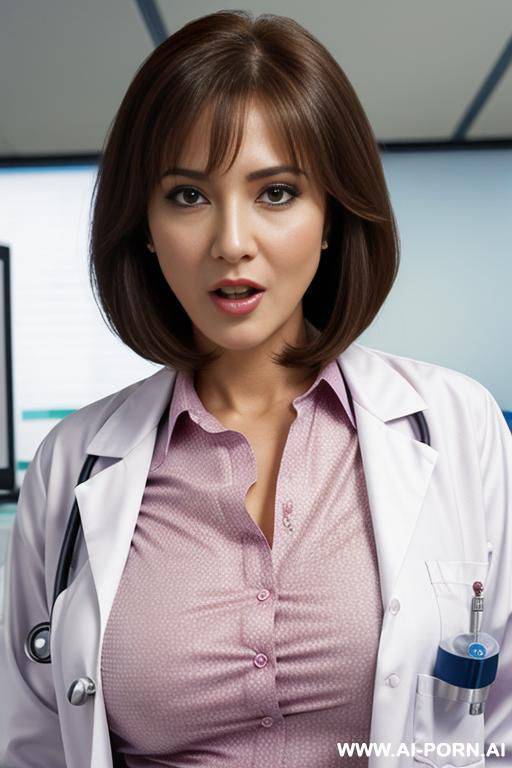 lab coat, (((office shirt))), g-cup tits, cougar, long hair bobcut, shocked excited moaning face - #main
