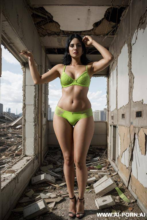 woman in an abandoned building, lots of rubble, lime green underwear, - #main