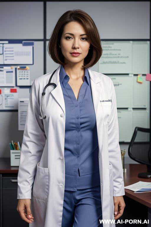 lab coat, (((office shirt))), g-cup tits, cougar, long bobcut hair - #main