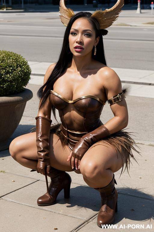 embarrassed light skinned native, wearing dirty-poop d cupid outfit, squatting, in public - #main