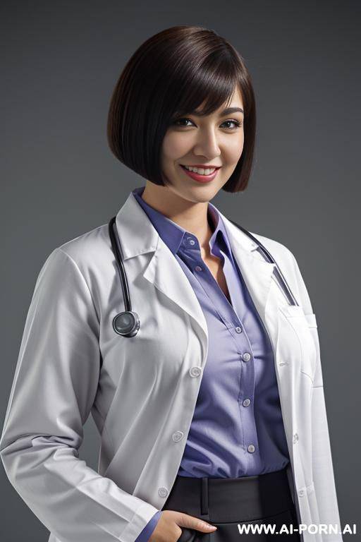 lab coat, ((collared shirt)), skirt, ((asymmetrical bobcut)) - #main