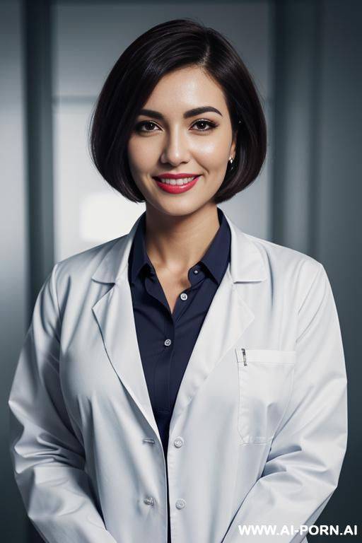 lab coat, ((collared shirt)), skirt, asymmetrical bobcut - #main