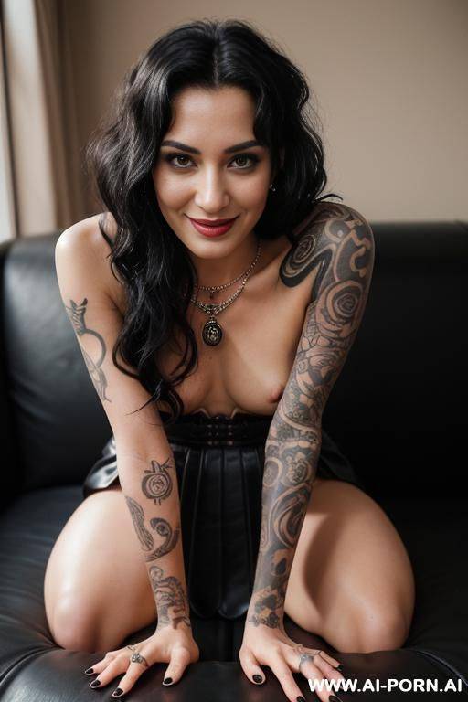 ((topless)), (hungarian), (slutty elf), (natural plump breasts), (pretty face), (slight smile), (bellybutton ring), (baggy pants), (hourglass figure), (necklace), (topless) - #main