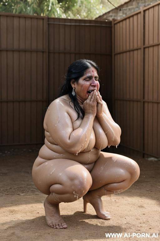 2 mature obese women , totally naked, standing in a backyard - #main