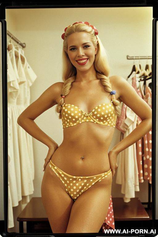 beautiful blonde, hair in a long braided golden plait, white skin, soft pink lips, blue eyes, wearing a yellow swimsuit, hourglass figure, long legs, and round breasts. - #main