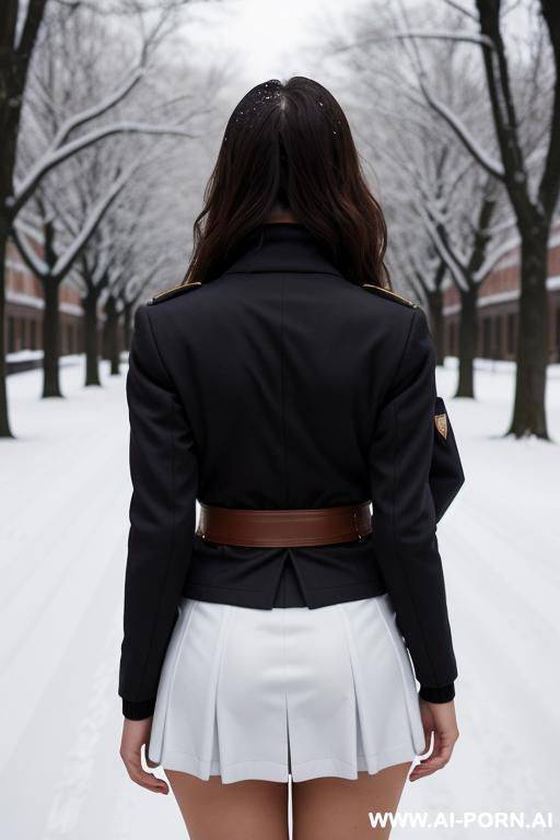 pretty, russian, 30, flowing wavy hair, dark brown hair, white skin, athletic body, perfect natural boobs, slight smile, makeup, eye, standing, spreading legs, turtleneck, snow background, nswf, spreading ass, gy style. - #main