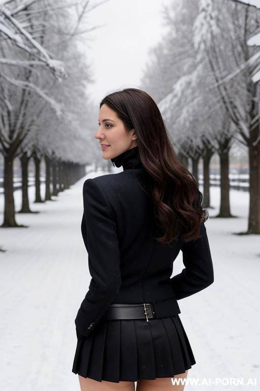 pretty, russian, 30, flowing wavy hair, dark brown hair, white skin, athletic body, perfect natural boobs, slight smile, makeup, eye, standing, spreading legs, turtleneck, snow background, nswf, spreading ass, gy style - #main