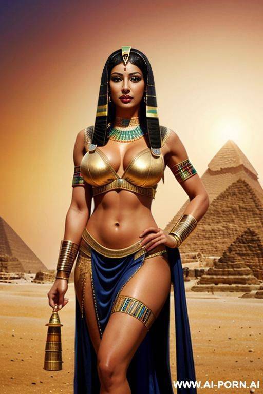 egyptian woman in ancient egyptian clothes, toned muscular body, standing in front of pyramids - #main