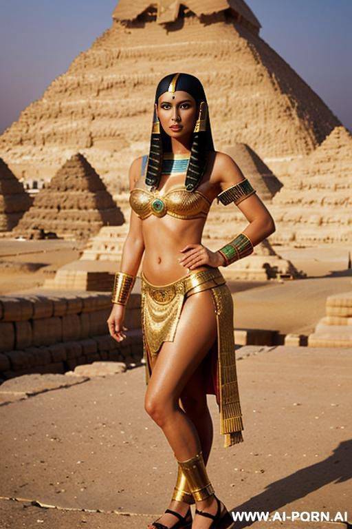 egyptian woman in ancient egyptian clog, standing in front of pyramids - #main