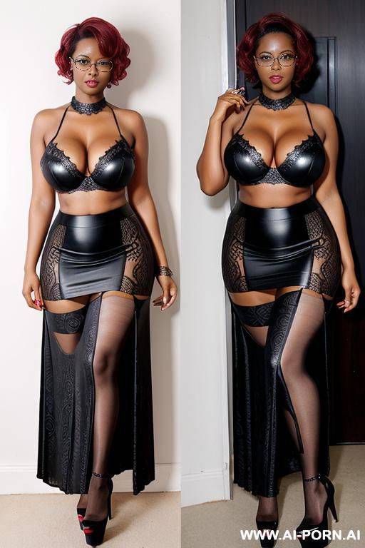 hot sexy tall woman dark skin huge tits pixie hair (very high platform heels) glasses ( straight maxi skirt ) (big cleavage) (knee printed stockings) - #main