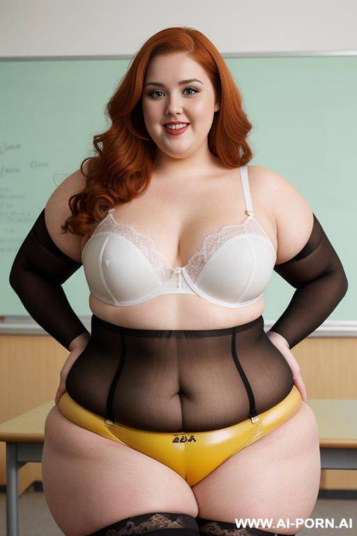 half body photo shot, dynamic angle 30, about at classroom, very obese chubby fat bbw curvy teacher, wearing a sexy and hot black and yellow, latex stocking lingeries, she is a obese smart teacher - #main