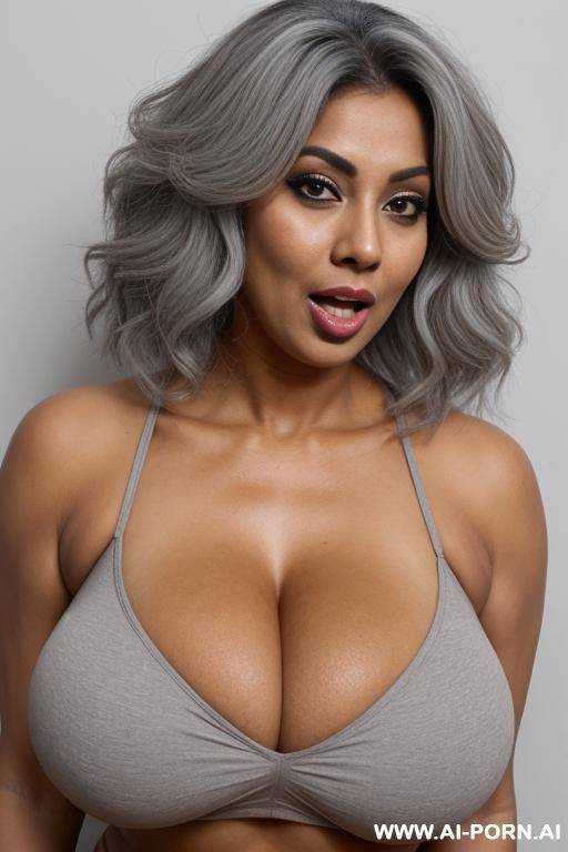 toned fit tanned grandma with pixie hair, hyper large saggy tits, bold bigy, mixed race, massive huge gigantic boobs, big lips, large lips, long voluminous wavy hair, open mouth - #main