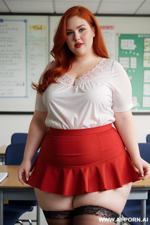 close up full body photo shot, about at classroom, ((obese)) chubby fat bbw curvy redhead teacher, wearing a sexy and hot micro red ruffle skirt and elegant top, teaching to the classroom. - #main