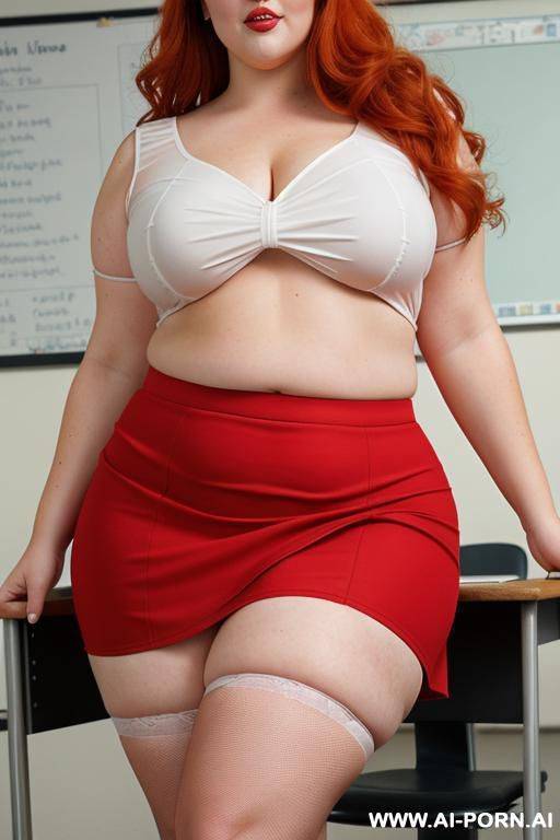 close up half body photo shot, about at classroom, obese chubby fat bbw curvy redhead teacher, wearing a sexy and hot micro red ruffle skirt and elegant top, teaching to the classroom. ((dynamic angle)) - #main