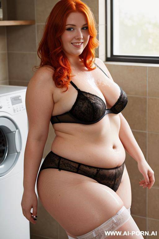half-length photo, as a setting in the laundry area, a fat chubby fat thick and bbw redhead british, she is washing clothes and is soaked in foamy water. she has lovehandless and a soft - #main