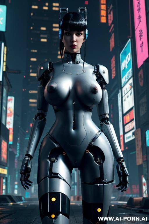 (cyberpunk city), full robotic legs and arms, naked pussy, naked navel, naked wide hips, naked narrow waist, very oversized saggy boobs, naked neck, beautiful face - #main