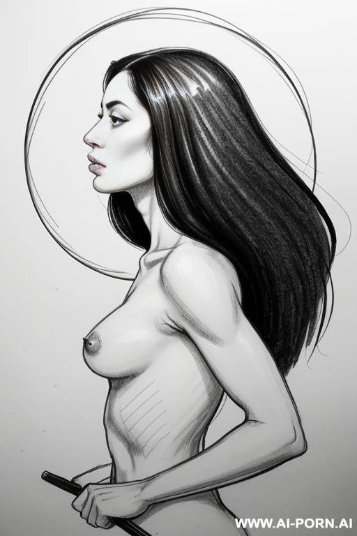 a hand-drawn, ink sketch of a adult light-skinned female upper body torso, viewed from the mid-chest up and centered. the subject is nude, depicted in profile but looking slightly tods the - #main