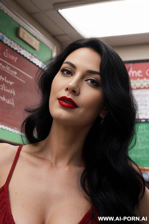 makeup, red lipstick on her lips, very long black hair, she turns her head and looking at me - #main