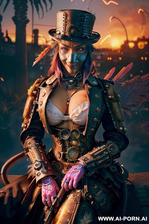 ((((masterpiece)))), (((woman sitting))), (glowing red eyes), (long blue purple and white hair with a flower), ((crop top white collar shirt with red tie)), ((((flaming angel wing)))), ((navy formal - #main