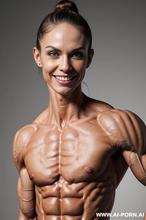 (bedroom background), view increasing muscle size and definition, (naked), (nude), (shortest most muscular white woman only), ((very white pallid skin)), ((hard erotic pink rosy nipples)), hard & - #main