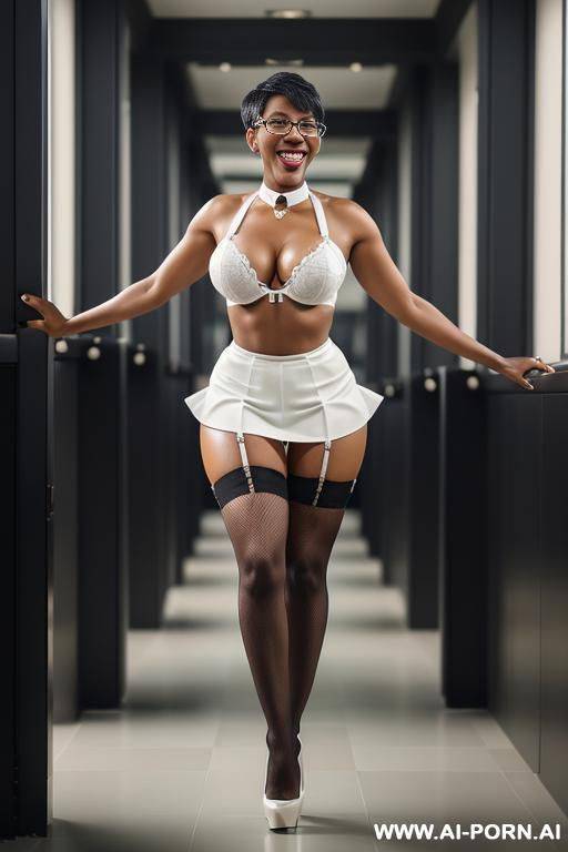 pixie hair cut high heels glasses choker colar fishnet stockings huge tits dark skin short skirt (white shirtl - #main