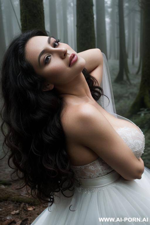 one woman, twenty years old, curly long hair, brunette, black eyes, bride, fog in the forest, white skin, huge boobs, svelte, - #main