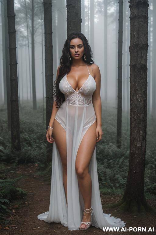 one woman, twenty years old, curly long hair, brunette, black eyes, bride, fog in the forest, white skin, huge boobs, svelte, serious face - #main