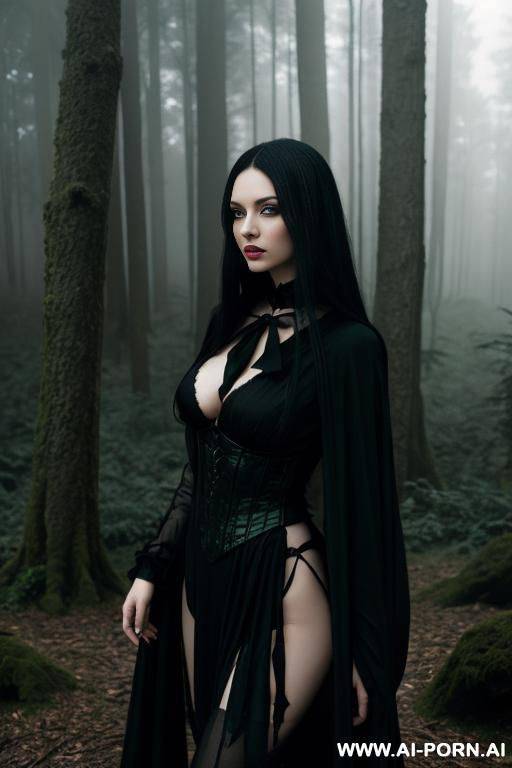one woman, 1, long straight black hair, green eyes, black witch outfit, fog in the forest - #main