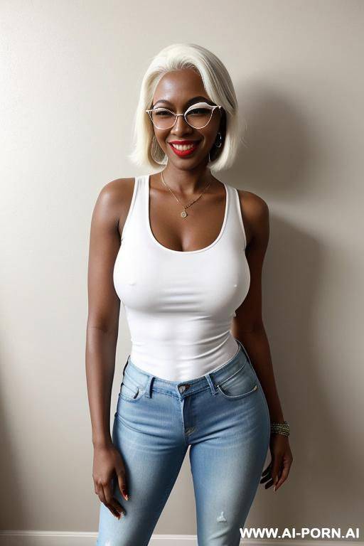 hot sexy tall rusian woman huge tits pixie hair high heels glasses white tank top shirt (dark skin) - #main