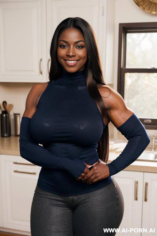 medium shot photo, ((((thick arm muscles)))), ((((massive breasts)))), dark skinned, 20 year old, wearing a navy long sleeved turtleneck, smiling, hourglass body, ((very long hair)), standing in the kitchen - #main
