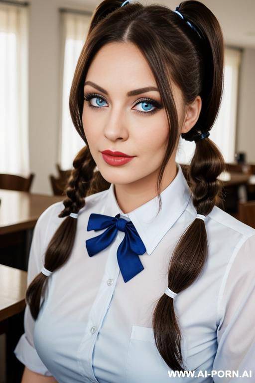 , 1, womanager, neat and beautiful face, plump lips, big eyelashes, blue eyes, hair color brown, stands at full h, opposite the table, uniform - #main