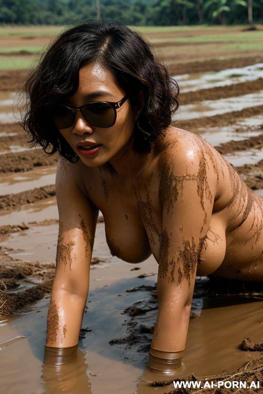 thai woman, chubby, curly bob, sunglasses, fair skin, naked, showing nipples, crawling, mud, countryside, thailand - #main