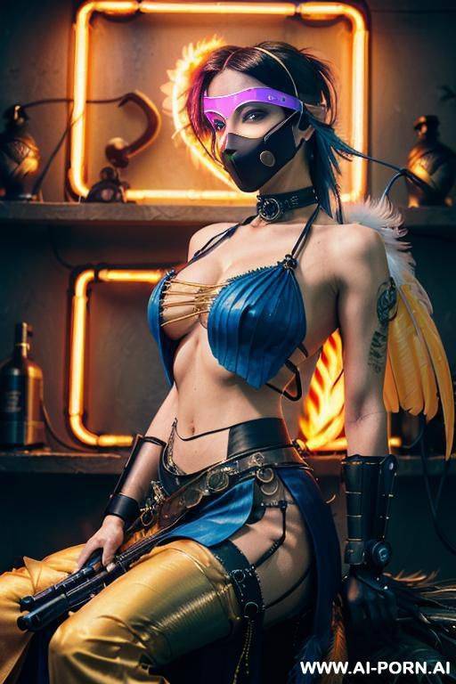 ((((masterpiece)))), (((woman sitting))), (glowing red eyes), (long blue purple and white hair with a flower), ((crop top white collar shirt with red tie)), ((((flaming angel wing)))), ((navy formal - #main