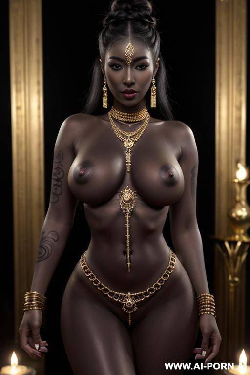 luxury boho gold rhinestone body chain, long layered rhinestone tassel chest chain, rhinestone tassel chain face mask.(((( dark skin)))), (((extreme hourglass body shape))) (((wide pelvic bones))) (((sex bomb))) (((narrow strong waist))) - #main