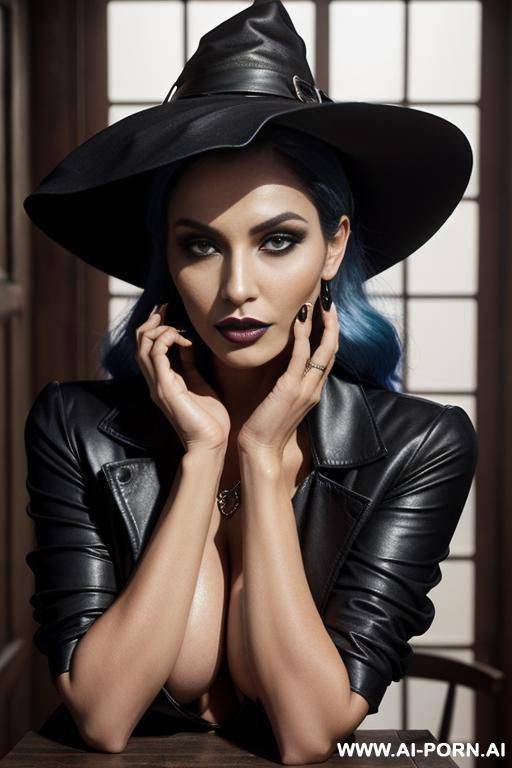 no tattoos. heavy makeup. draw boobs bigger.fased business jacket, huge, colossal cleavage, draw boobs even bigger. dark lipstick. draw boobs bigger so jacket gapes more. no, no bare boobs. keep jacket, draw leather pencil skirt. draw boobs even bigger. - #main