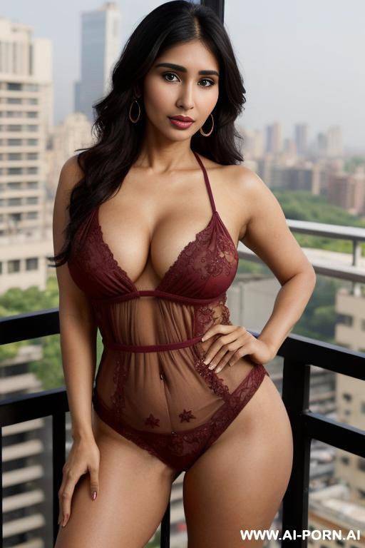 black romper , ((balcony)) ((large fancy manhattan penthouse)), ((suburban mom)), ((higareda)), (gorgeous), beautiful eyes, (big full lips), (beautiful), (lean) ((photorealistic)) (tanned indian), ((ultra - #main