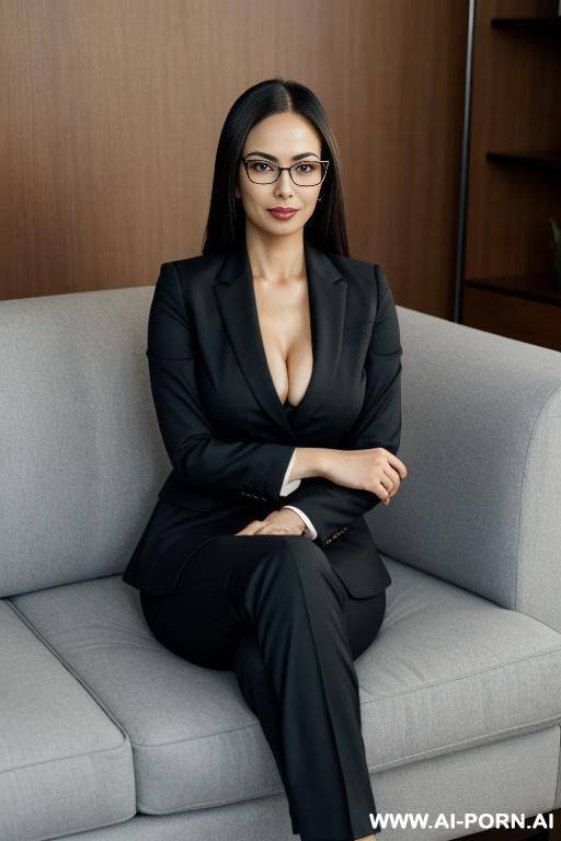 woman sitting on the couch. crossing her arms. in glasses. big thighs. in glasses. big hips. in a suit - #main