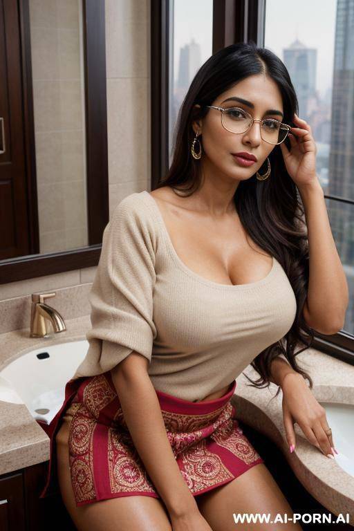 ((crew neck red dupatta)) , ((bathroom with large windows )) ((large fancy manhattan penthouse)), ((suburban mom)), ((higareda)), (gorgeous), beautiful eyes, (big full lips), (beautiful), (lean) - #main