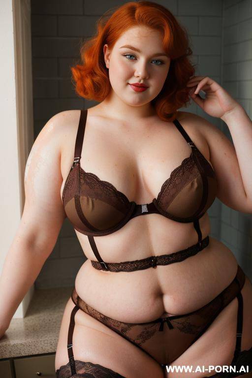 half-length photo, ((half body photo shot close up)). as a set in the laundry area, a (((very big obese))) fat chubby fat thick and bbw redhead british, ((she is washing clothes)). she has - #main