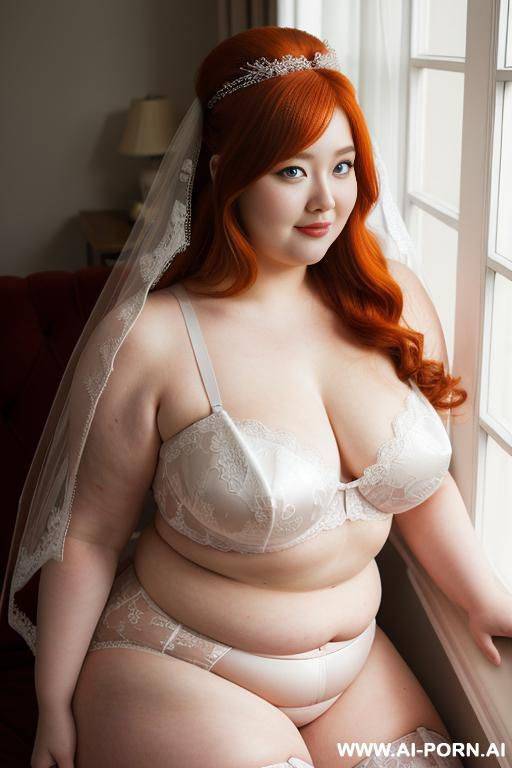 half-length photo, ((half body photo shot close up)). in the living room, a ((very obese)) fat chubby fat thick and bbw redhead british, she is close to the window. she has lovehandless. she - #main